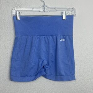AYBL Seamless Biker Shorts Mens Medium Blue Stretch Logo Yoga Workout Running
